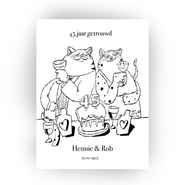 45-jaar-getrouwd-lijntekening-katten-cadeau-poster