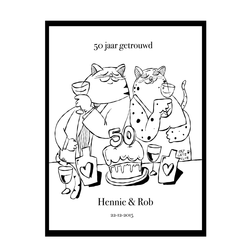 50 jaar huwelijkscadeau jubileum poster dikke katten met taart en wijn